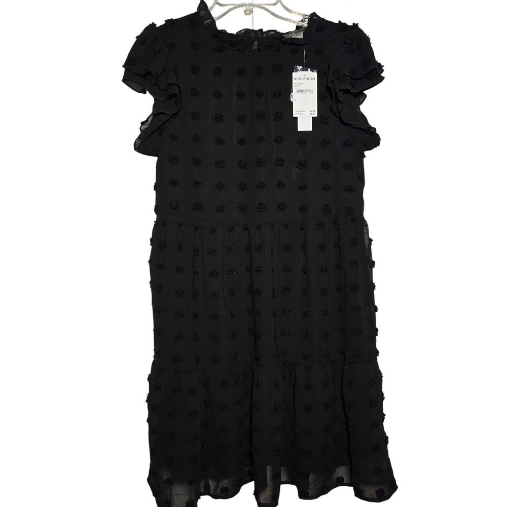 NWT Love X Design Black Swiss Dot Tiered Mini Dress Ruffle Neck Womens Small